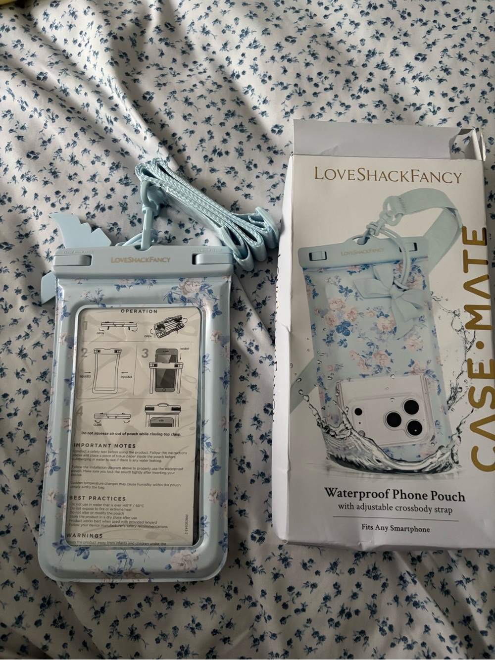 LoveShackFancy Light Blue Floral Waterproof Phone Pouch with Strap